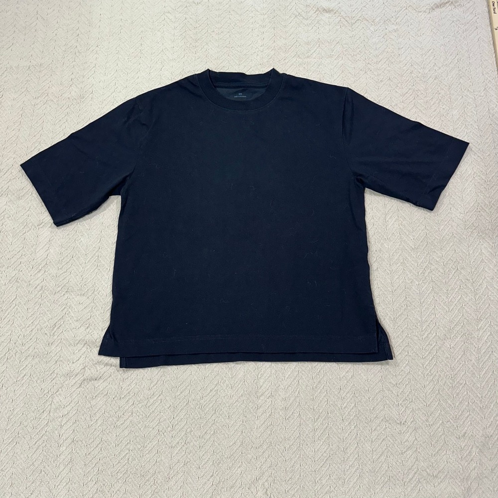 Muji T-Shirt Women XS Cotton Boxy Side Slit 1/2 Sleeve Crew Basic Minimalist Top